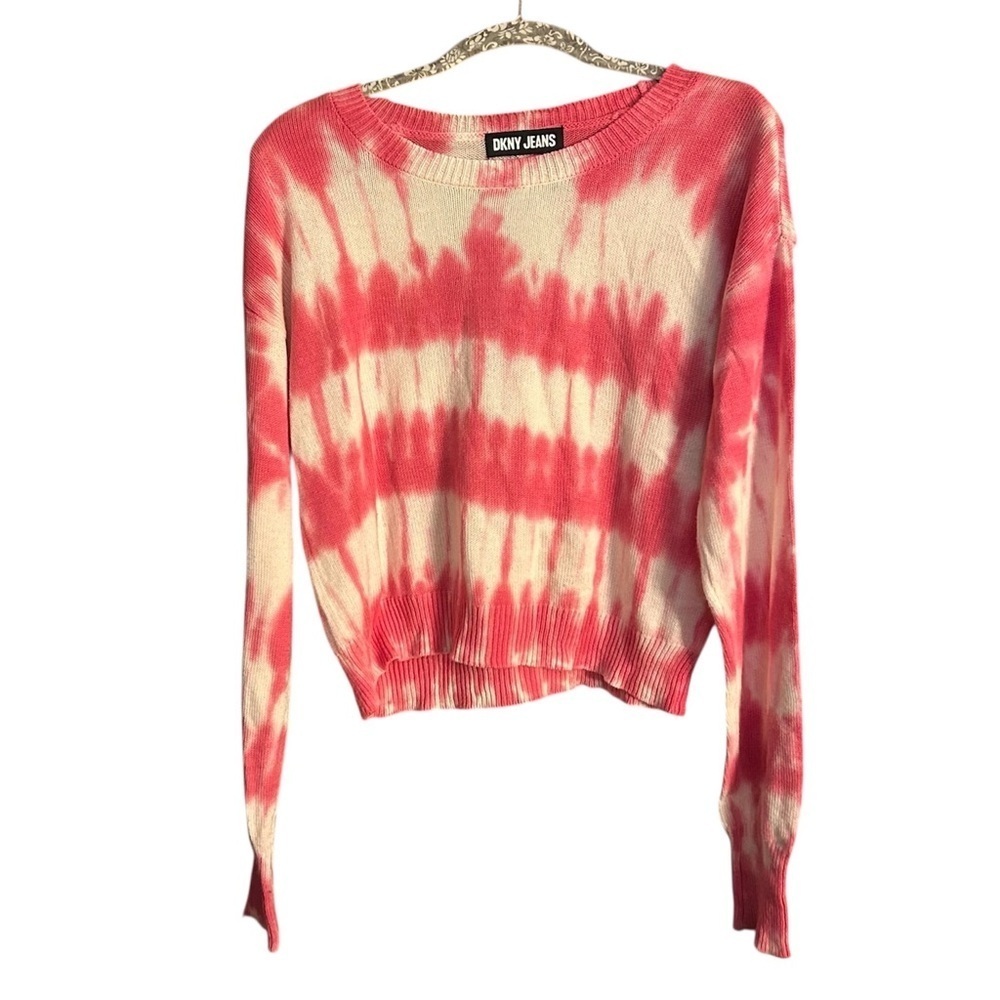 DKNY Jeans Pink and White Tie  Dye Knit Sweater